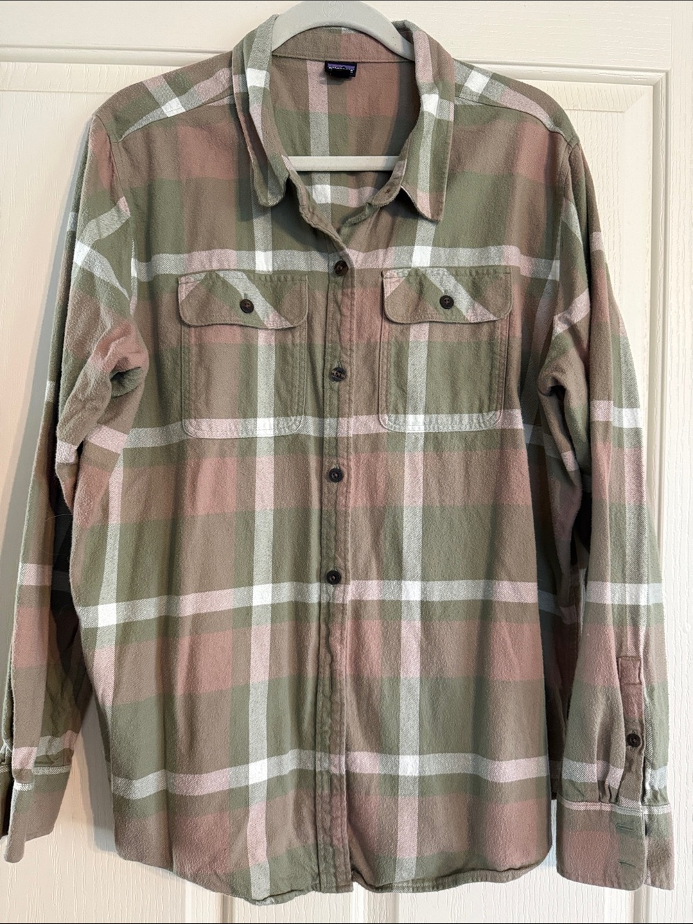 Women’s 100% Organic Cotton Flannel Plaid Shirt in Olive & Dusty Pink